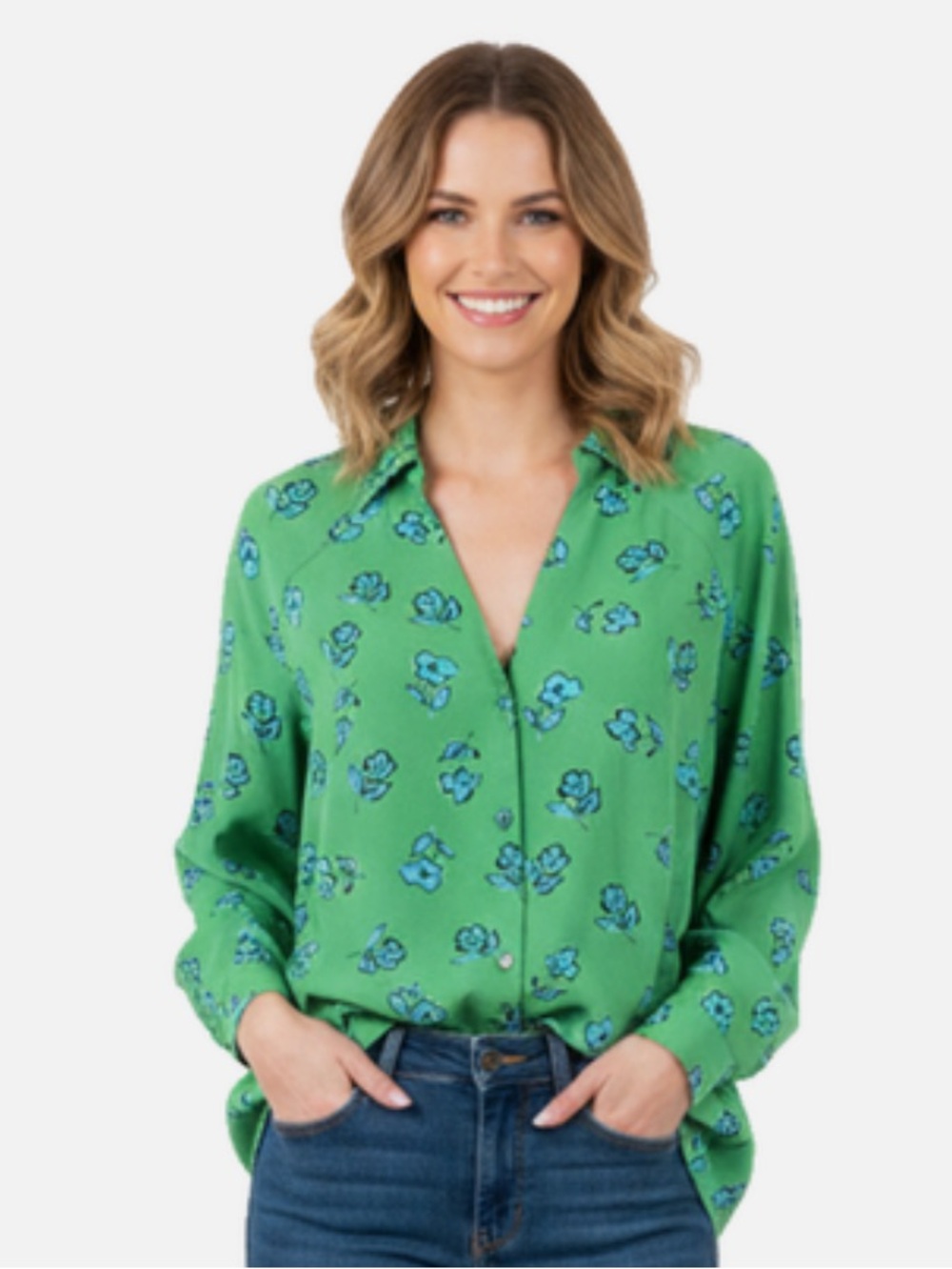 CAbi  Green with  Floral Button-Down Shirt  Size Medium